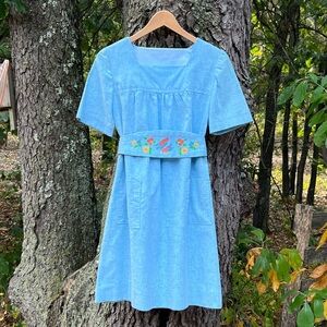 Vintage Blue Cotton Babydoll Style Summer Dress with Belt Printed Pattern Size 2